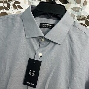 NORDSTROM MENS NON-IRON TRIM FIT DRESS SHIRT 16.5/36-37 Blue Geometric